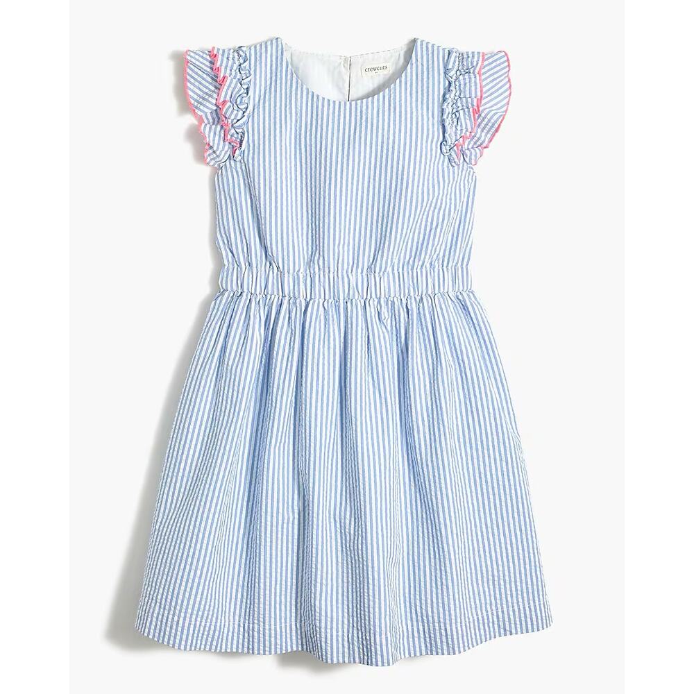 Crewcuts J.Crew Girls' seersucker dress blue white stripe pink trim 10 NWT